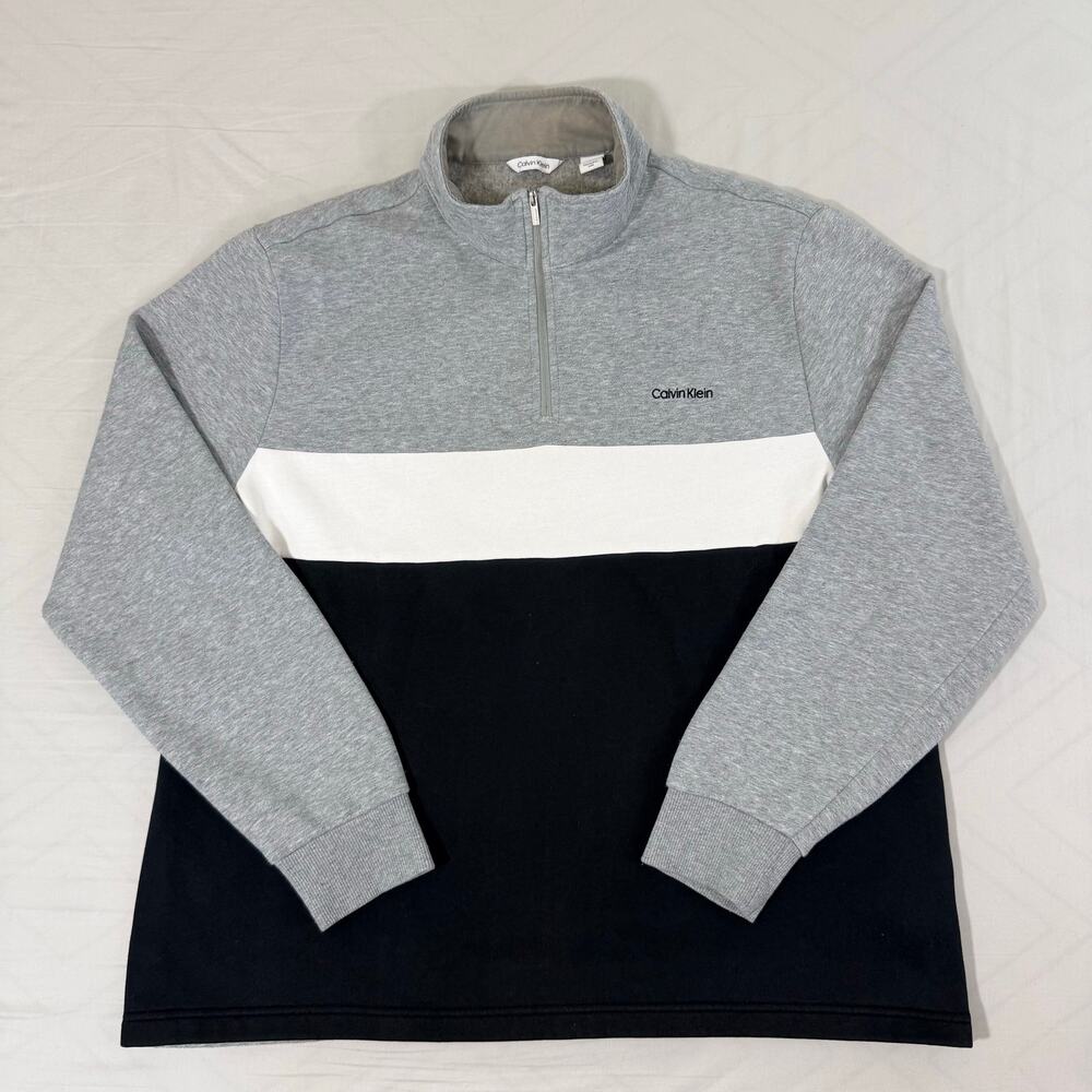 Calvin Klein Mens Colorblock Quarter Zip Sweatshirt Size L Grey Black Fleece